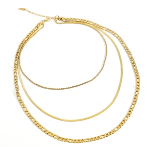Three-layer gold stainless steel necklace set with figaro, snake and twist chains