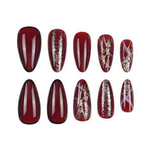 Burgundy almond 3D press-on nails with gold relief, silver glitter, and marble finish