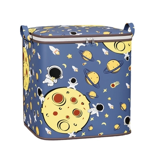 Blue space-themed foldable storage bin with astronaut patterns and a zippered lid