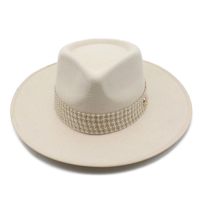 Elegant beige wide-brim wool fedora hat with gold accent woven band for men and women