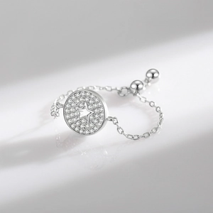 Bague chaîne en argent S925 avec pendentif étoile pavé et billes de réglage chic
