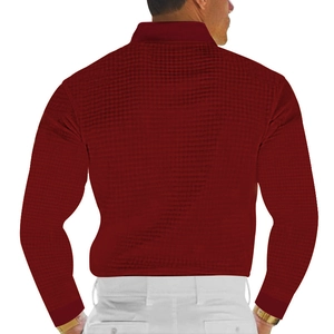 Detailed back view of men's long sleeve waffle knit polo shirt in deep burgundy fabric