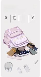 Detail showing high-capacity compartments of pink and purple school backpack