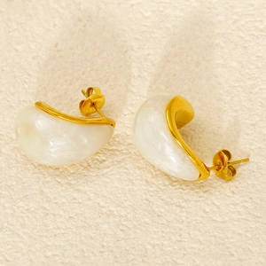 Minimalist C-shaped 18k gold plated earrings with white marble resin inlay for women