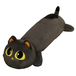 Cute long grey cat plush pillow with yellow eyes and soft velvet texture in lying pose