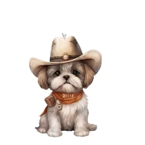 Cute Shih Tzu acrylic car charm in western cowboy outfit with hat and orange scarf
