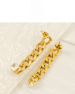 Detail of 18K gold plated Cuban chain earrings with sparkling square zircon stone