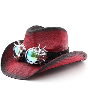 Steampunk Western Cowboy Hat Ombre Red Black Paper Straw Woven With Spiked Goggles For Men Women Cosplay Party