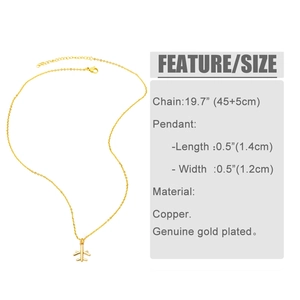 Detailed size chart for gold airplane pendant necklace with 19.7-inch adjustable chain