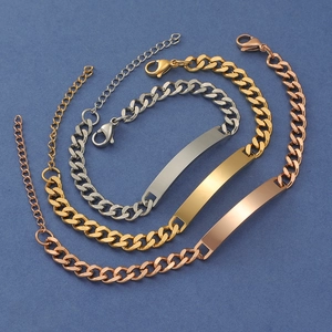 Three-color Cuban chain bracelets in silver, gold, and rose gold with engravable plates
