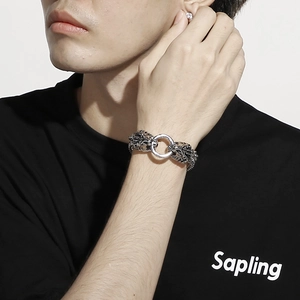 Retro stainless steel double lion head bracelet for men with silver connector ring