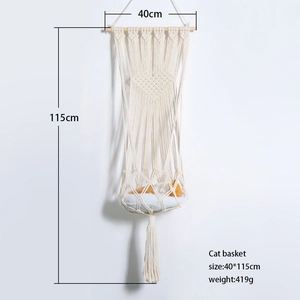 Handmade cream white macrame cat hammock with wooden bar, size 40x115cm for pets