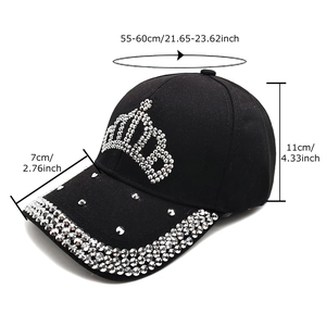 Women's black cotton baseball cap with silver rhinestone crown and studded brim details