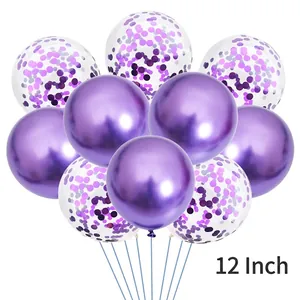 Detail of 12 inch purple metallic balloons and transparent confetti party decoration set