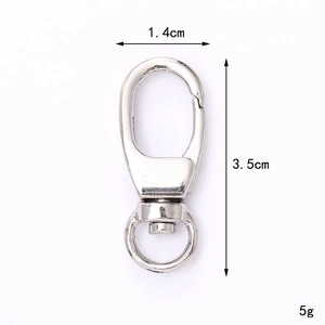 Silver metal lobster clasp with swivel ring, showing 3.5cm length and 1.4cm width details
