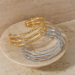 Chinese style three-layer bamboo joint open bangle in gold and silver metal finishes