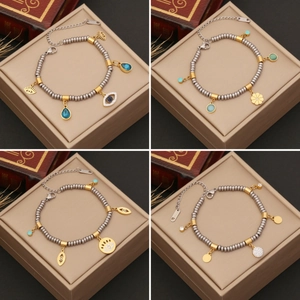 Fashion Stainless Steel Beaded Bracelet Evil Eye Water Drop Flower Charms Adjustable Jewelry For Women