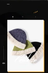 Winter knitted bucket hat with faux fur trim in purple, green, and black color options