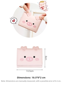 Pink cartoon pig wallet with three-fold design showing dimensions 10.5cm by 8cm