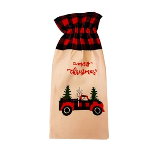 Linen Christmas wine bottle bag featuring a vintage red truck and merry christmas text