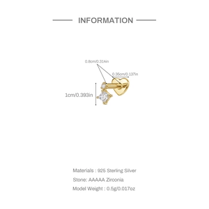 Detailed size specifications for gold 925 sterling silver heart cartilage earring with zircon
