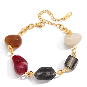Vintage stainless steel gold chain bracelet with colorful resin beads for women