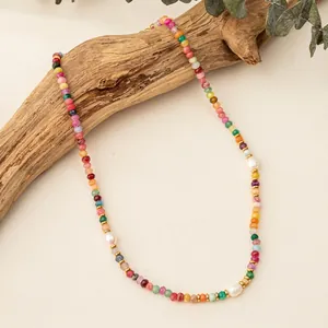 Beaded Necklace With Colorful Natural Stone And Artificial Pearl Stainless Steel Bohemian Retro Clavicle Chain Jewelry For Women