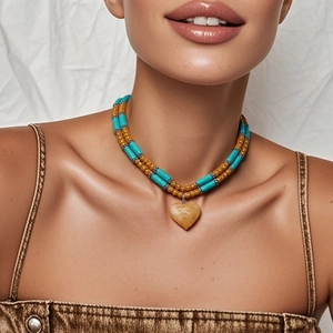 Double Layer Beaded Necklace Bohemian Vintage Turquoise Plastic Heart Pendant Clavicle Chain Jewelry For Women