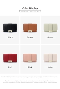 Collage of leather wallets in black, brown, green, red, pink, and apricot colors