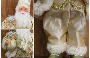 Détails de broderie de la poupée Père Noël doré champagne avec barbe et sac de cadeaux