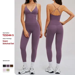 Women Brushed Yoga Set V-Neck Cross Back Sports Vest And High Waist Leggings Moisture Wicking Workout Top And Bottom