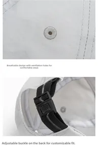 Detail of light gray baseball cap showing breathable eyelets and adjustable buckle
