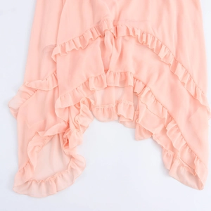 Pink French V-neck dress featuring elegant multi-layer ruffles and chiffon fabric