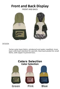 Detail of waterproof dog jacket featuring thermal lining and leash attachment ring