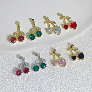 Cherry Fruit Pendant Copper 18K Gold Plated Heart Round Zircon Gemstone Korean Style Sweet Jewelry DIY Accessory For Women