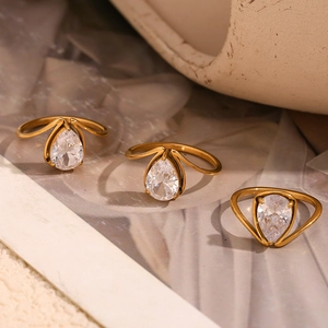 18K gold plated stainless steel ring with pear cut white zircon in a warm luxury setting