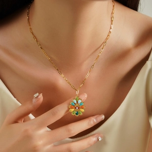 Bohemian Colorful Enamel Evil Eye Pendant Necklace Gold Plated Stainless Steel Sun Flower Jewelry For Women Party Gift