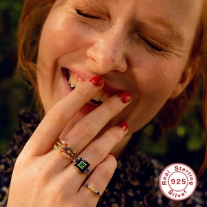 S925 sterling silver gold plated rings with colorful zircon stones worn by a model