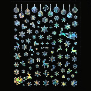 Holographic Christmas nail stickers with snowflakes and reindeer motifs on model A-1702
