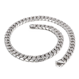 Hip hop silver Cuban link necklace with full diamond inlay and secure folding clasp