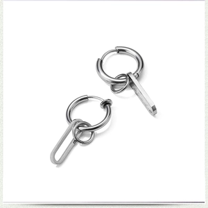 Polished silver stainless steel hoop earrings with geometric pendants for men and women