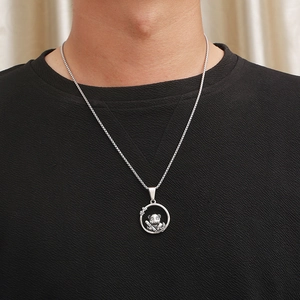 Cute panda hollow round pendant necklace in silver stainless steel for men and women