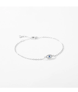Close-up of S925 silver bracelet featuring a blue devil eye charm with cubic zirconia