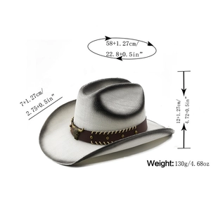 Detail view of woven cowboy straw hat showing dimensions and steer bull badge