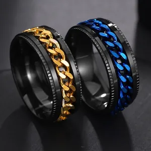 Men's stainless steel spinning chain rings in black-gold and black-blue industrial style