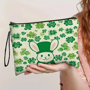 Trousse De Maquillage Saint Patrick Lin Pochette Cosmétique Fermeture Éclair Dragonne Motif Trèfle Vert Lapin Organisateur