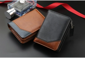 Detailed view of bicolor men's wallets with zipper coin pocket and premium texture