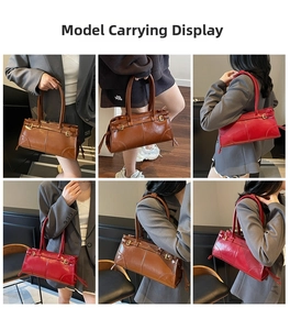 Detail shots of versatile leather shoulder bag in brown and red with adjustable buckles