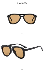 Front and side views of double-bridge aviator sunglasses with black frames and tea lenses