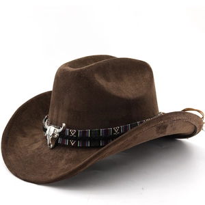 Chapeau Cowboy Western Simili Daim Large Bord Bande Tissée Ethnique Ornement Métal Crâne Taureau Rétro Extérieur Unisexe